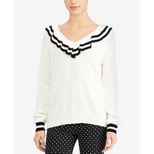 Lauren Ralph Lauren Cotton Blend Ruffle Trim V-Neck Sweater Cream Black Large